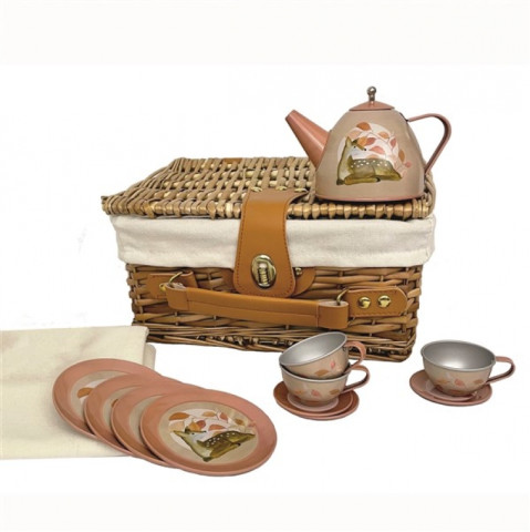 Tin tea set in wicker basket - Fawn theme